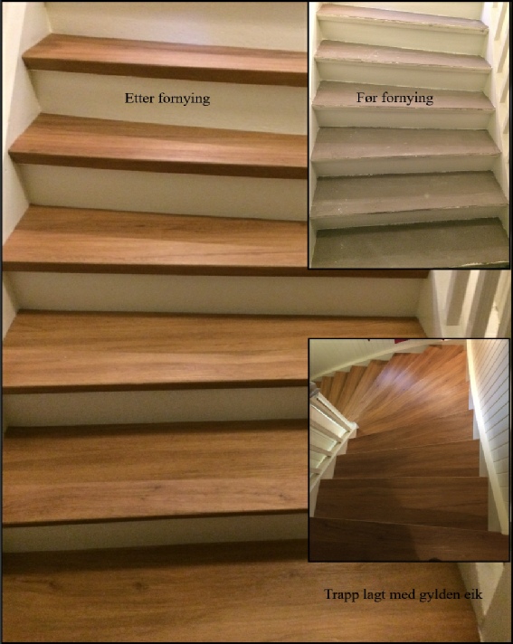 Trappefornyer i Engelsk eik før og etter trappefornying